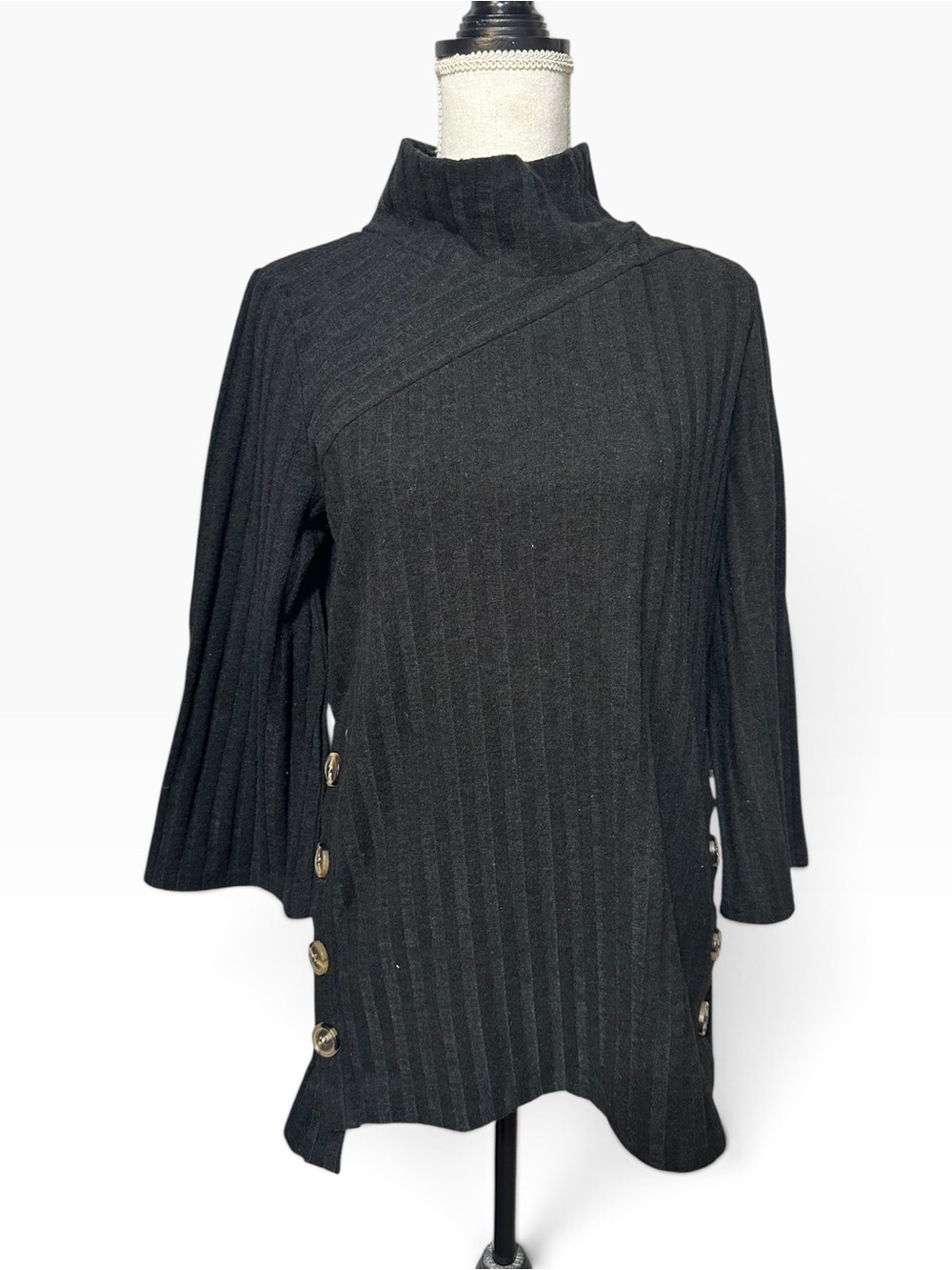 NorthStyle Black Ribbed Mock Neck Sweater with Side Button Detail